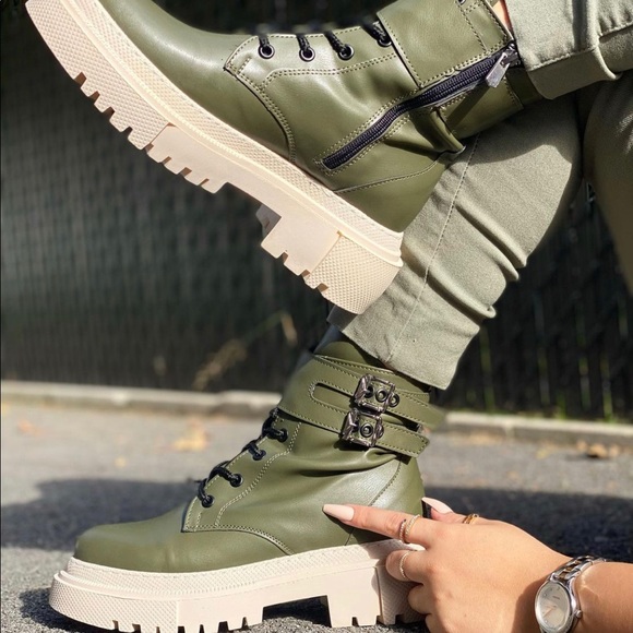 Womens Holler Combat Boots Olive Green Beige Round Toe Side Zip Buckle New,5 to9 - Picture 5 of 7